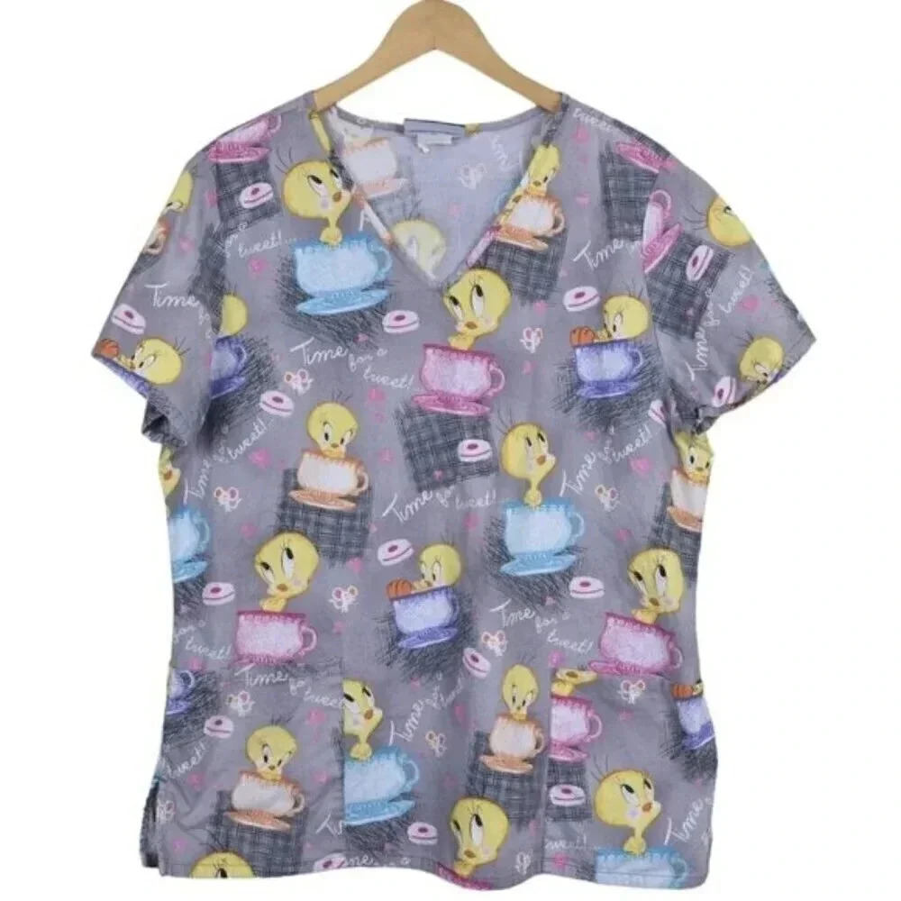 Looney Tunes Tweedy Bird Scrub Top Time For  Tea Teacup Gray Large